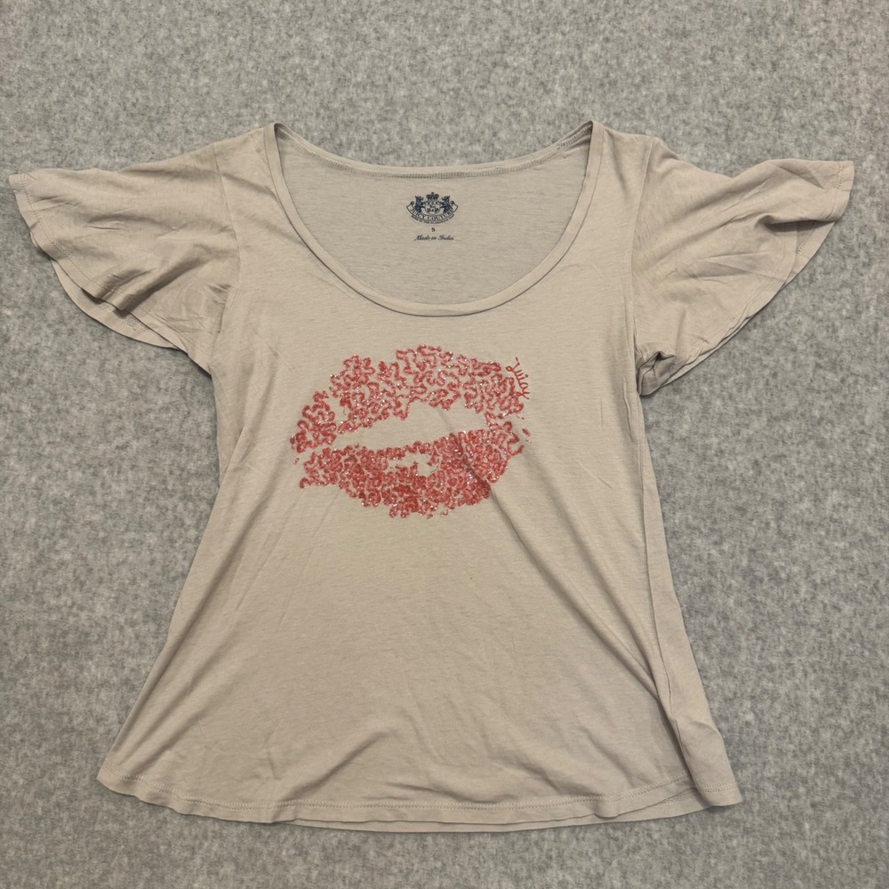 Juicy Couture Womens Small Sequin Lips Flutter‎ Sleeve Scoop Neck Top S